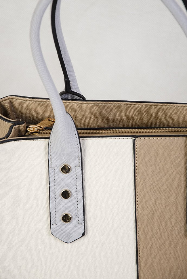 Brązowo kremowa torebka typu shopper z szarą rączką