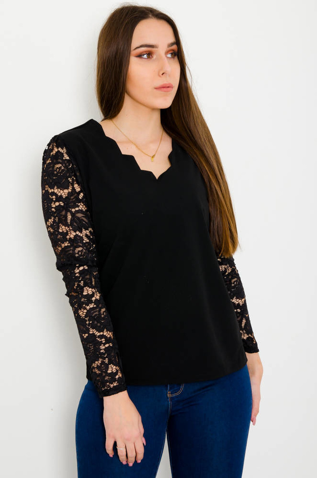 CZARNA ELEGANCKA BLUZKA Z KORONKOWYMI RĘKAWAMI
