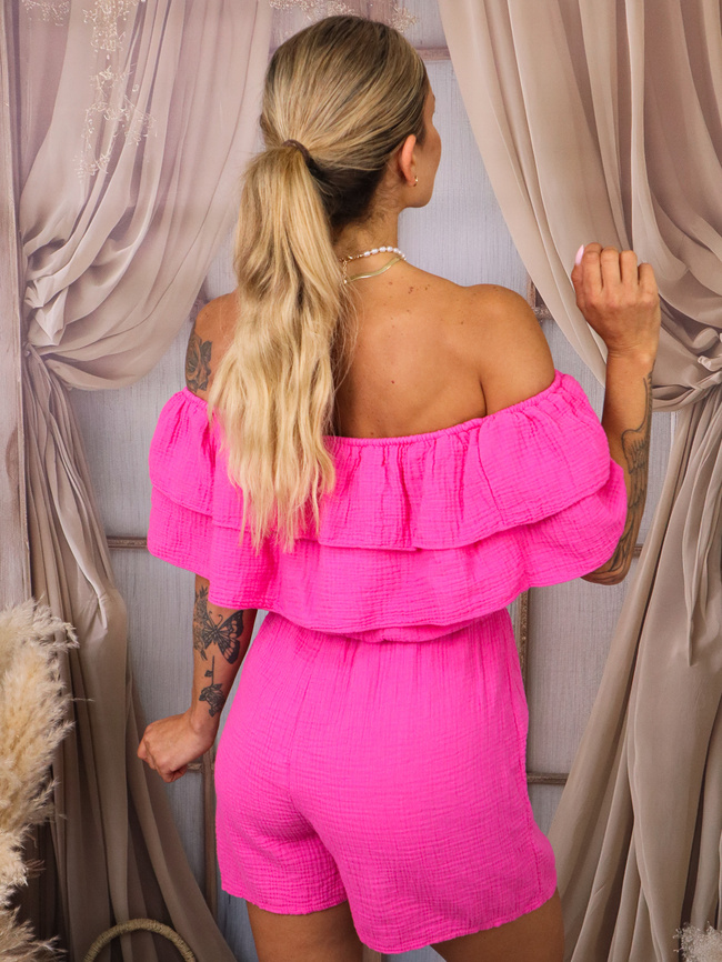 KOMBINEZON MUŚLINOWY HISZPANKA Z FALBANĄ- RÓŻOWY