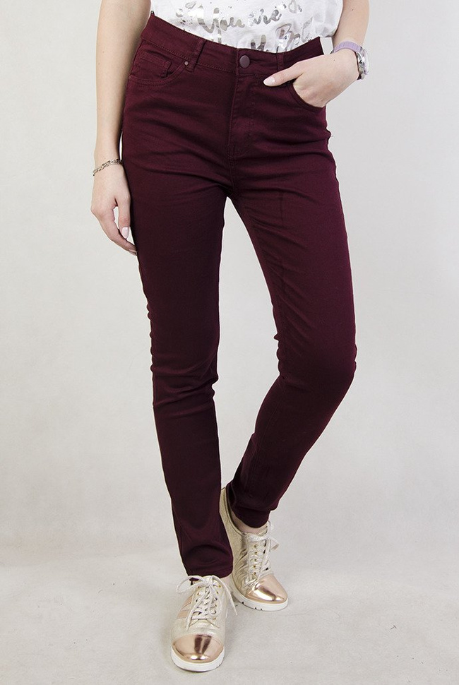 (Rozmiary L-4 XL) Bordowe przylegające spodnie z wysokim stanem