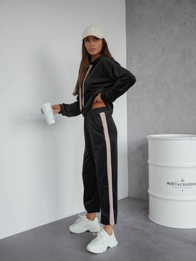 KOMPLET WELUROWY BLUZA+ SPODNIE Z KONTRASTOWYMI LAMPASAMI- CZARNY 