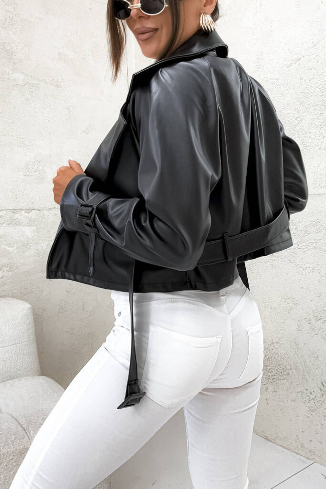 KURTKA KRÓTKI TRENCZ Z IMITACJI SKÓRY- CZARNA