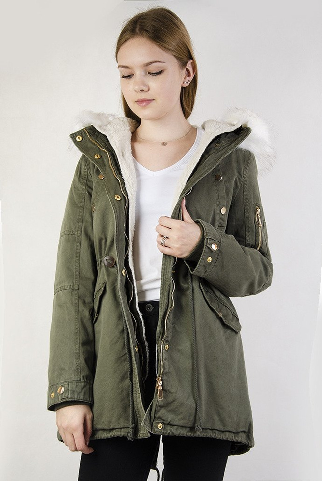 Khaki kurtka parka z białym futerkiem