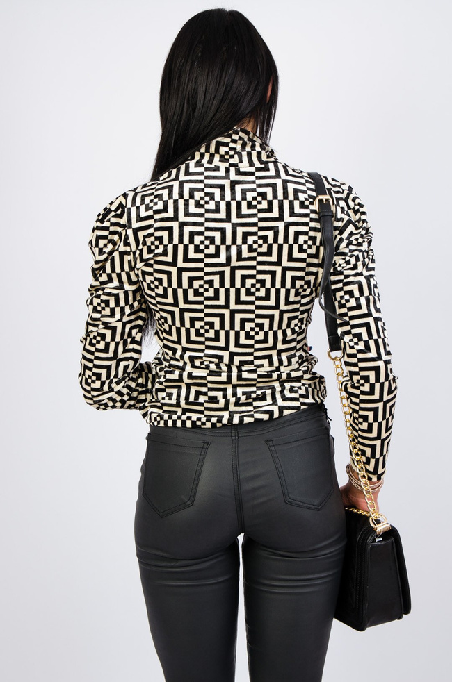 Beżowo-czarna welurowa bluzka z półgolfem