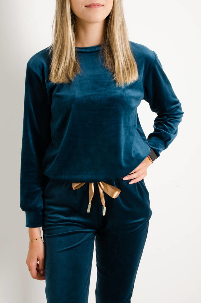 KOMPLET DRESOWY WELUROWY Z OZDOBNĄ NASZYWKĄ-  CIEMNY TURKUS