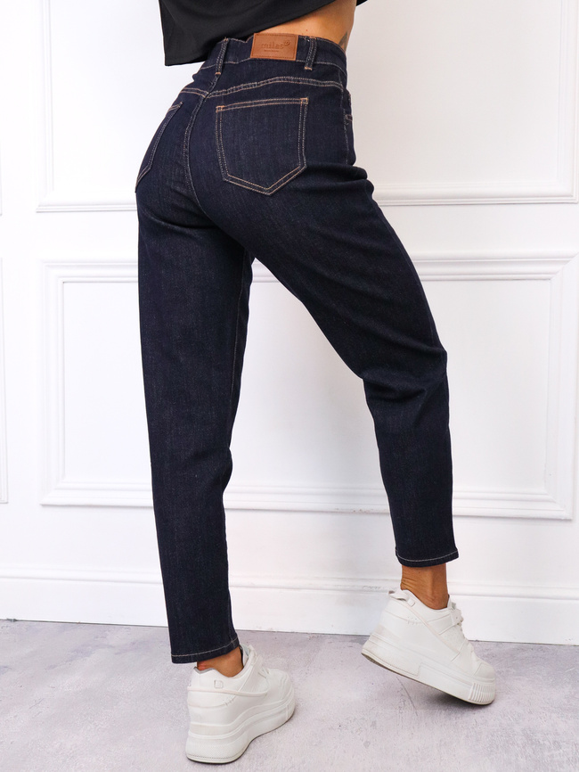 SPODNIE JEANSOWE MOM FIT Z PRZESZYCIAMI Z PRZODU NOGAWEK- GRANATOWE