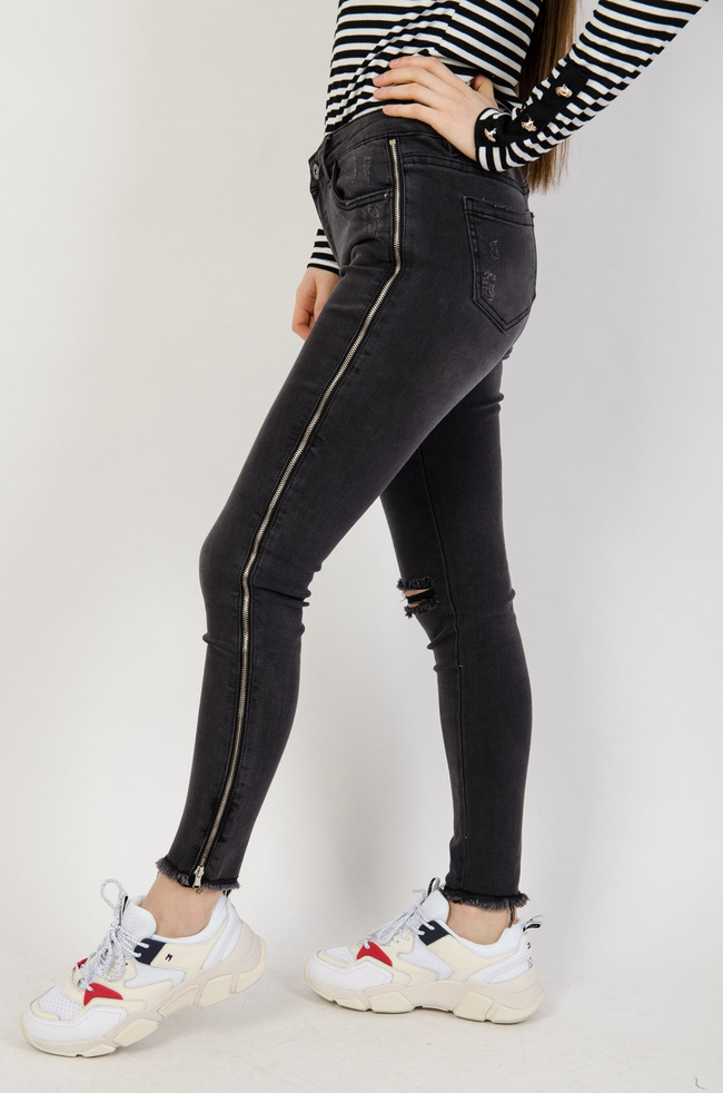 Szare spodnie jeansowe z lampasami suwakami