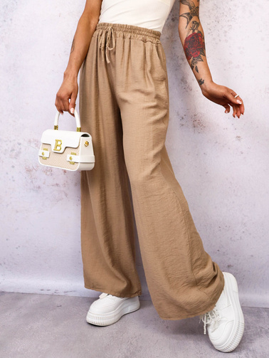 SPODNIE MATERIAŁOWE Z SZEROKIMI NOGAWKAMI- JASNOBRĄZOWE