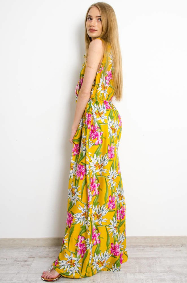 ŻÓŁTA SUKIENKA MAXI W KWIATY Z FALBANKĄ W DEKOLCIE