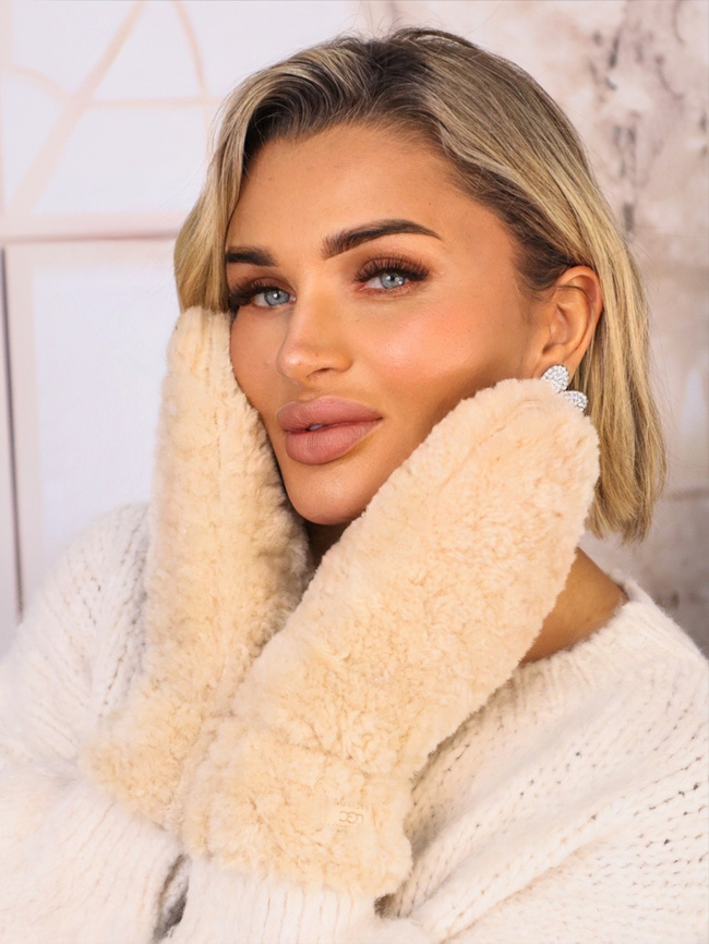 RĘKAWICZKI FUTRZANE NA JEDEN PALEC Z LOGIEM- BEŻOWE