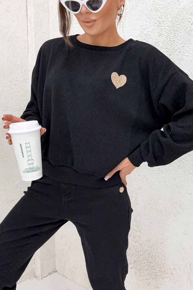 BLUZKA OVERSIZE W PRĄŻKI Z SERCEM- CZARNA