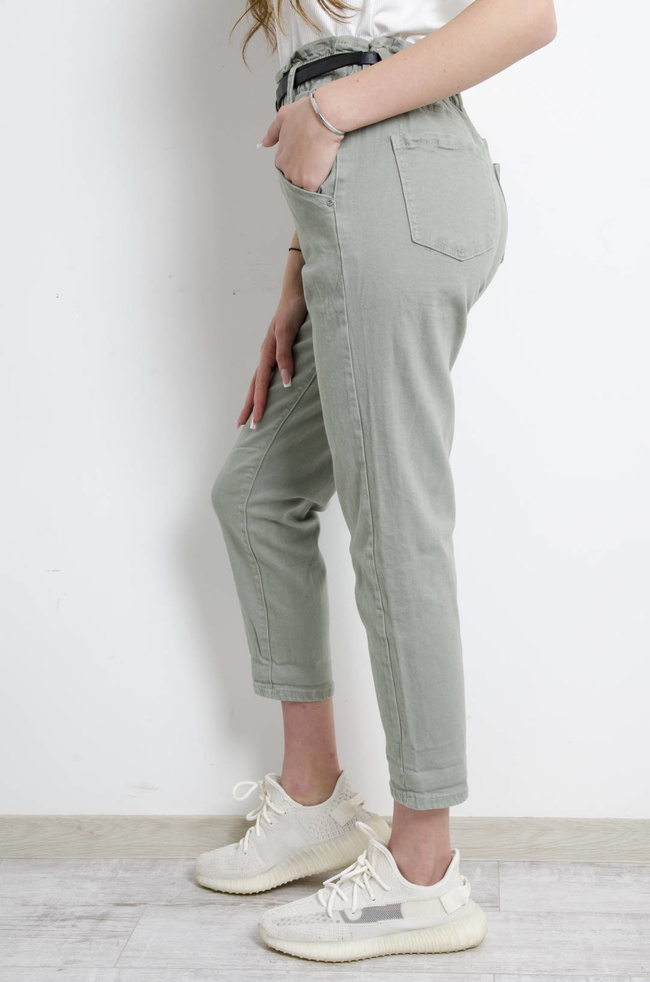 SPODNIE ZIELONE BAGGY FIT MARSZCZONE W PASIE