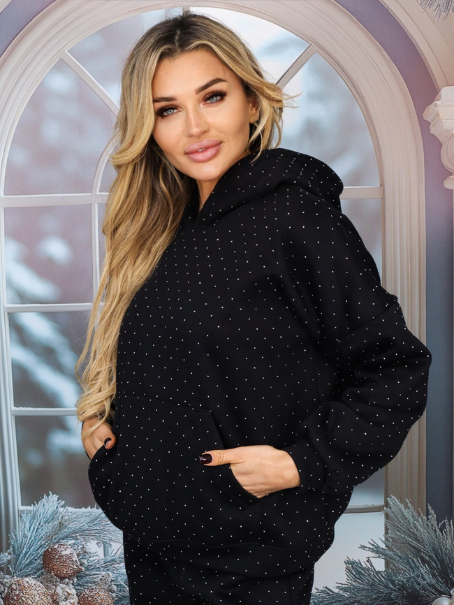 BAWEŁNIANY KOMPLET W CYRKONIE BLUZA + SPODNIE- CZARNA