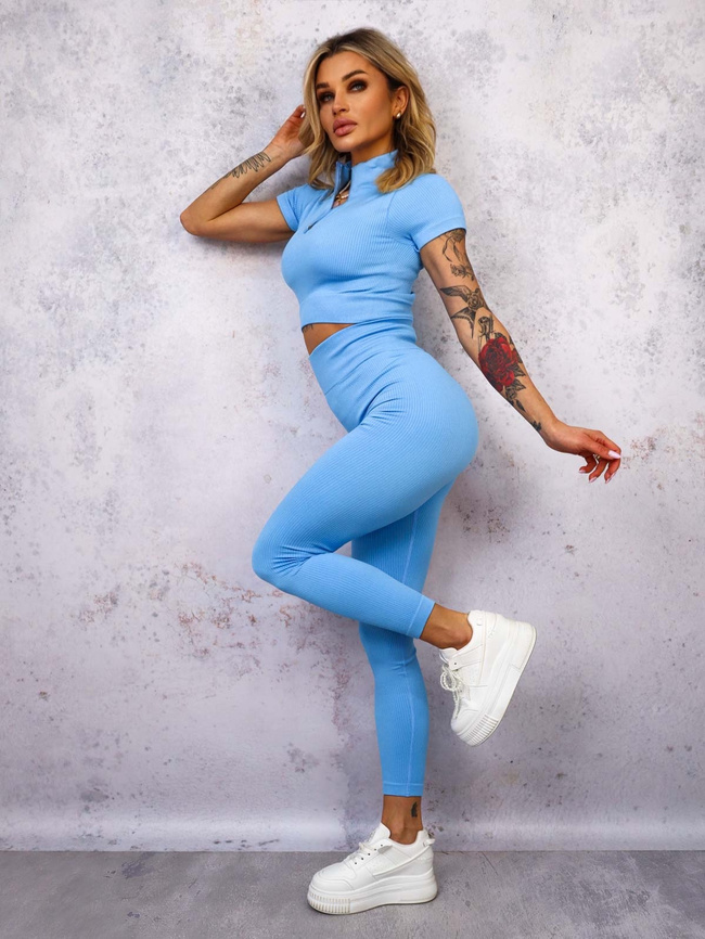 KOMPLET PRĄŻKOWANY LEGGINSY+ TOP ZAPINANY NA ZAMEK- NIEBIESKI