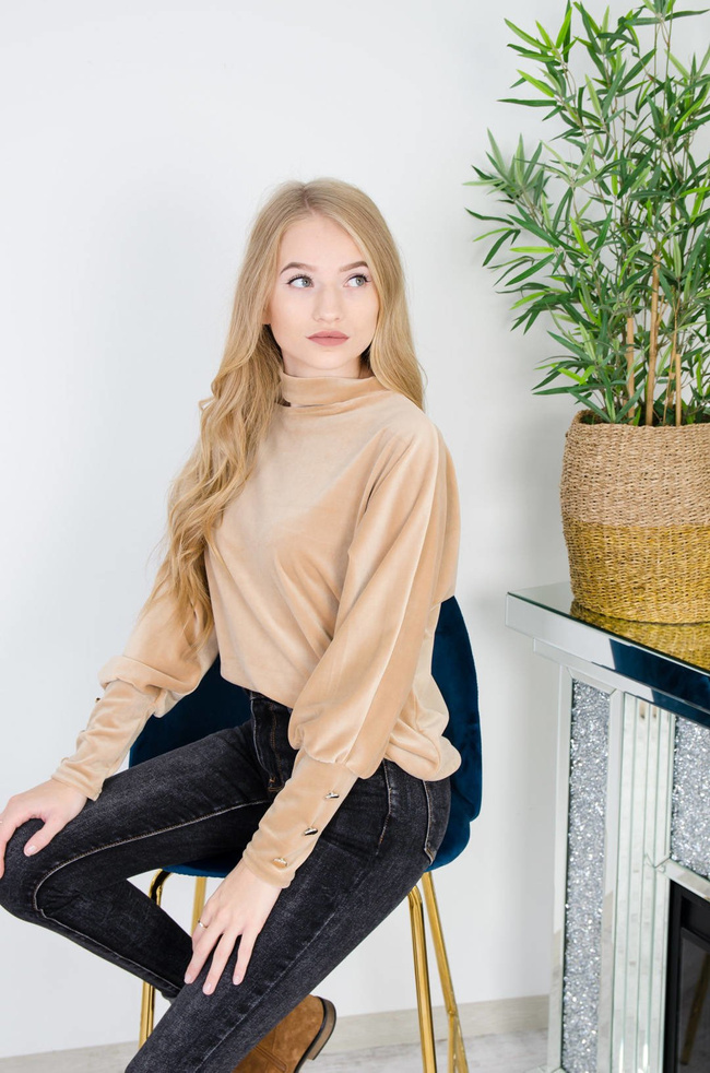 BEŻOWA WELUROWA BLUZA ZE ZŁOTYMI GUZIKAMI