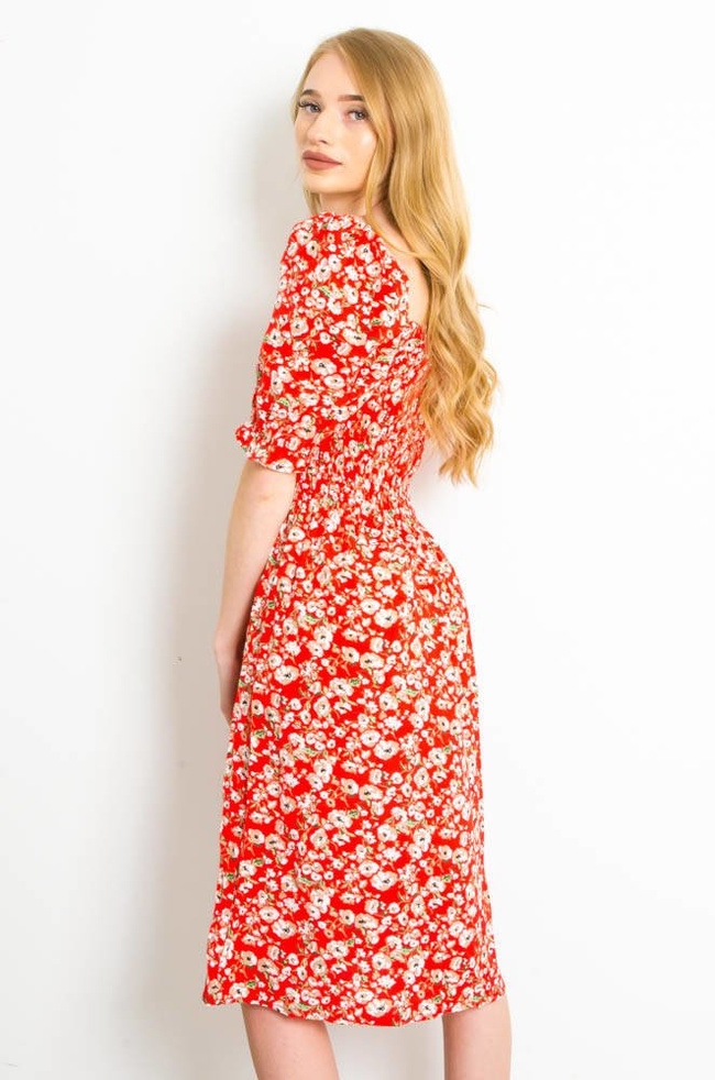 CZERWONA SUKIENKA Z BUFKAMI W DROBNE KWIATY