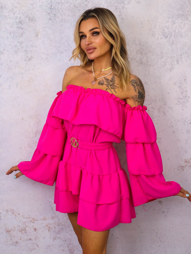 KOMBINEZON HISZPANKA Z FALBANAMI I PASKIEM- FUKSJA