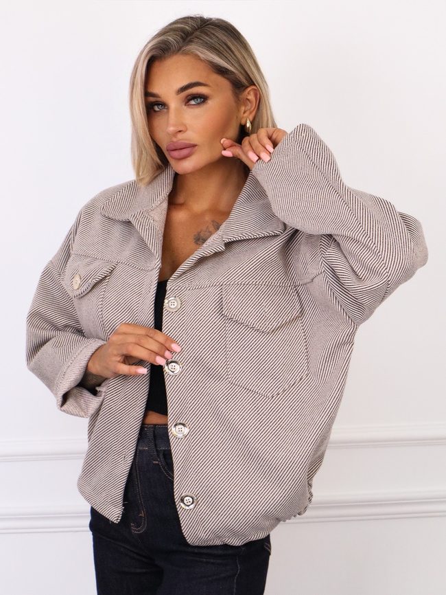 KURTKA OVERSIZE BEŻOWA W BRĄZOWE PASKI ZE ŚCIAGACZEM NA DOLE