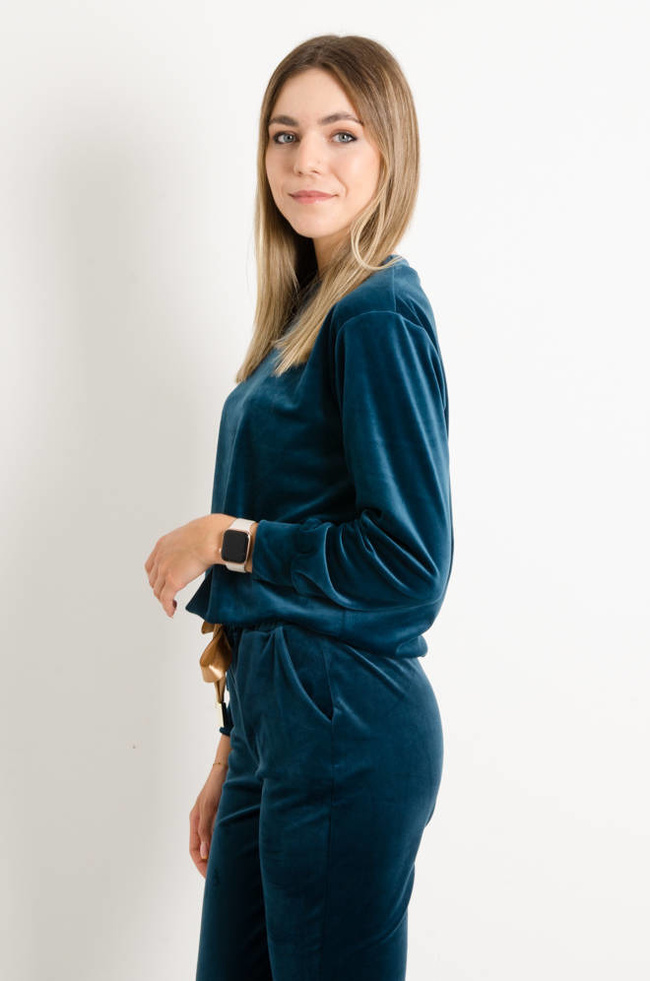 KOMPLET DRESOWY WELUROWY Z OZDOBNĄ NASZYWKĄ- CIEMNY TURKUS