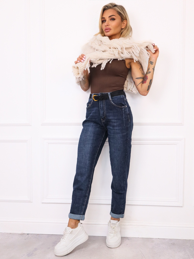 SPODNIE JEANSOWE PLUS SIZE MOM FIT Z PRZESZYCIAMI PRZY KIESZENIACH+ PASEK