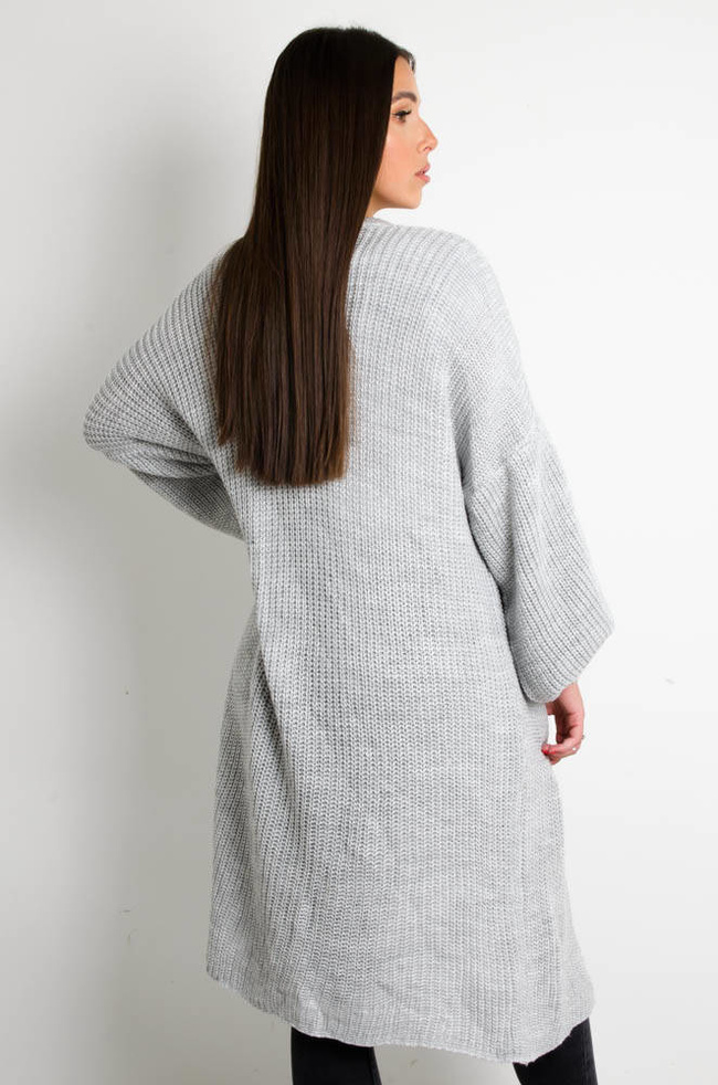 SZARY DŁUGI SWETER KARDIGAN Z SZEROKIMI RĘKAWAMI