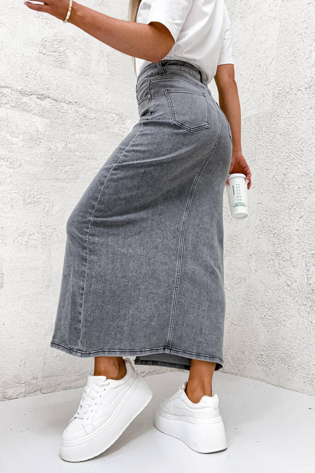SPÓDNICA JEANSOWE MAXI Z ROZCIĘCIEM-  SZARA