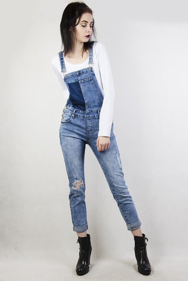 Spodnie jeansowe ogrodniczki, z przetarciami