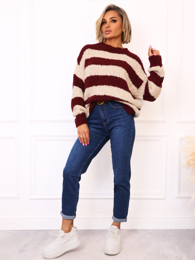 SWETER Z BUKLI W PASKI- BORDOWY