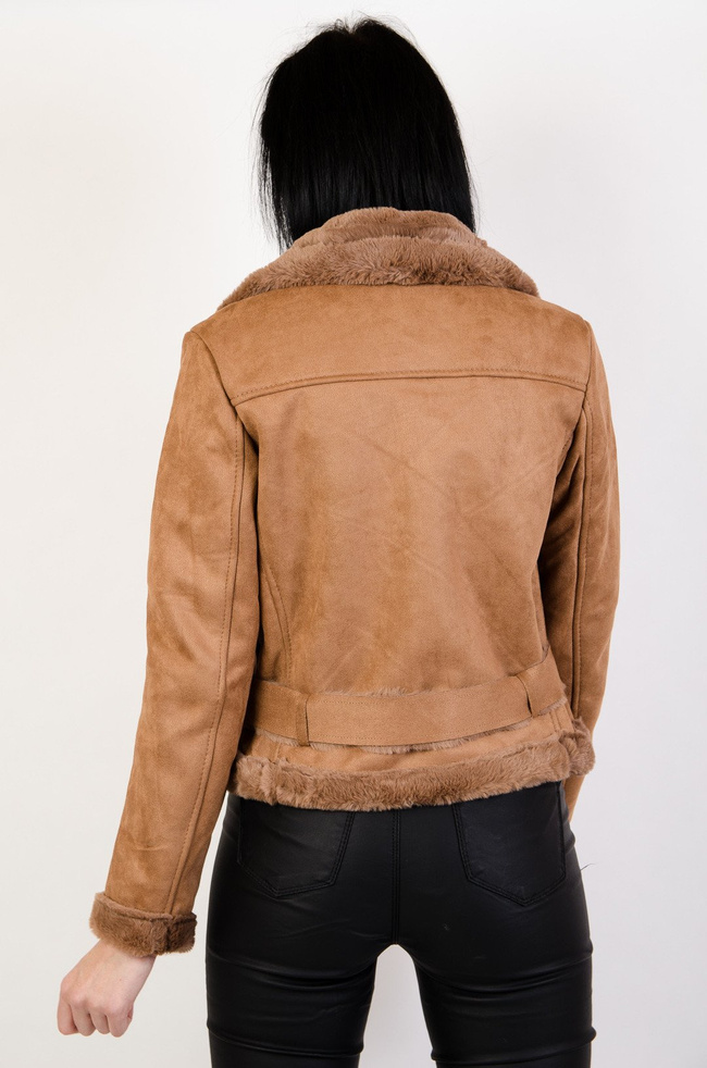 Brązowa zamszowa ramoneska z futerkiem