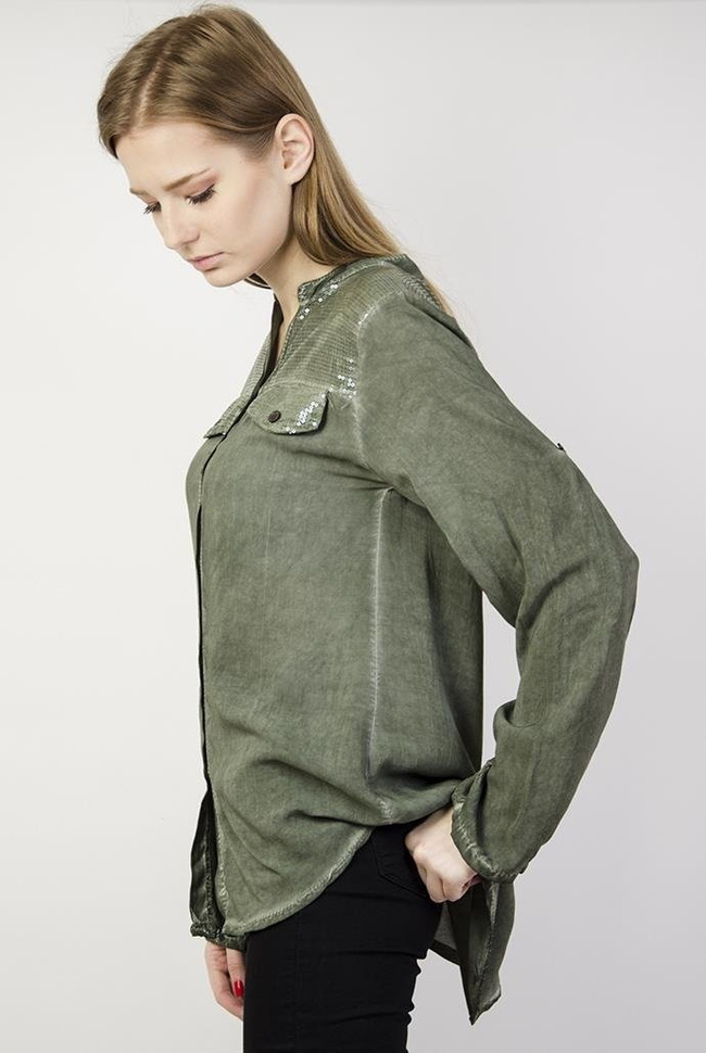 Koszula asymetryczna mgiełka khaki z cekinami