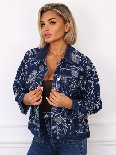 KURTKA JEANSOWA Z HAFTOWANYMI KWIATAMI I OZDOBNYMI CEKINAMI