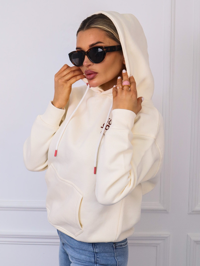BLUZA Z KAPTUREM Z NAPISEM Z PRZODU I APIKACJĄ NA PLECACH- BIAŁA