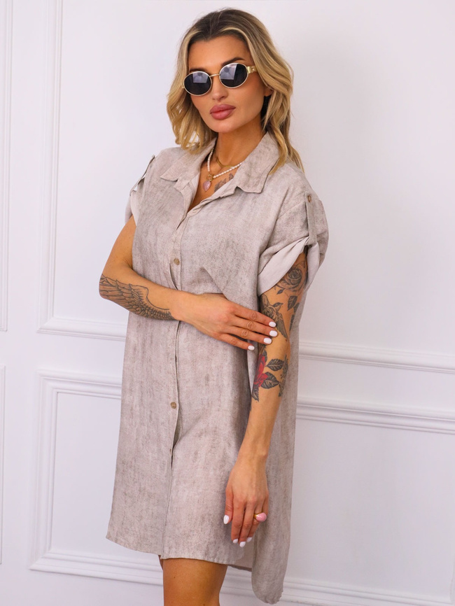 DEKATYZOWANA SUKIENKA KOSZULOWA- CIEMNOBEŻOWA