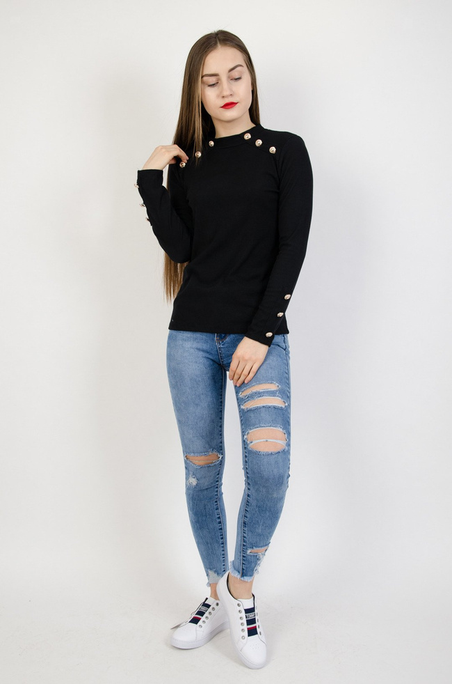 Czarna prążkowana bluzka ze złotymi guzikami