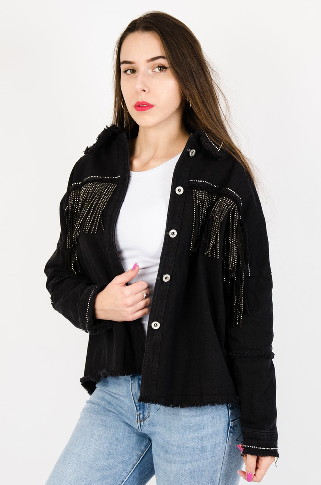 CZARNA KURTKA JEANSOWA OVERSIZE Z FRĘDZLAMI