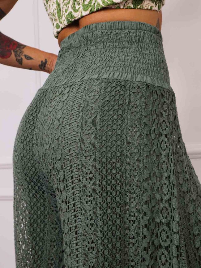 SPODNIE Z KORONKOWYMI NOGAWKAMI I SZEROKIM PASEM- ZIELONE