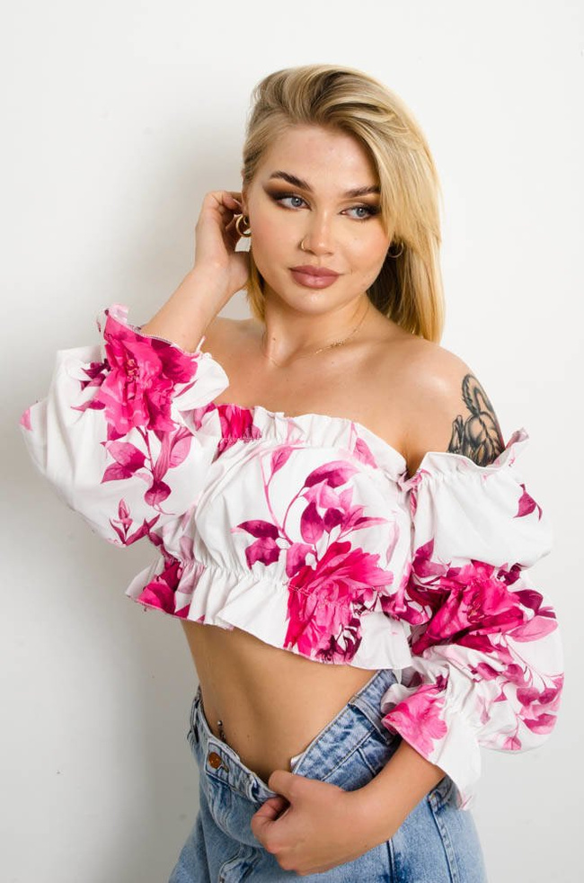 BIAŁA HISZPANKA CROP TOP W KWIATY