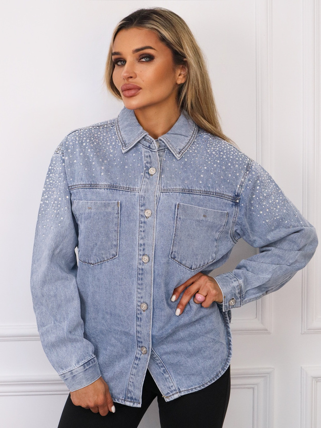 KOSZULA JENASOWA Z CYRKONIAMI NA RAMIENIU I RĘKAWIE- NIEBIESKA