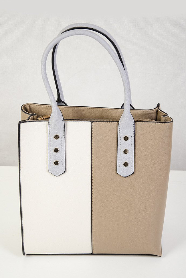 Brązowo kremowa torebka typu shopper z szarą rączką