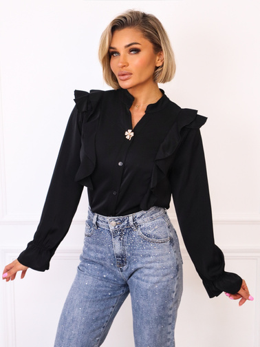 KOSZULA  Z FALBANAMI I OZDOBNĄ BROSZKĄ- CZARNA