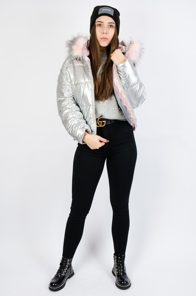 Srebrna metaliczna bomberka z dwukolorowym futerkiem