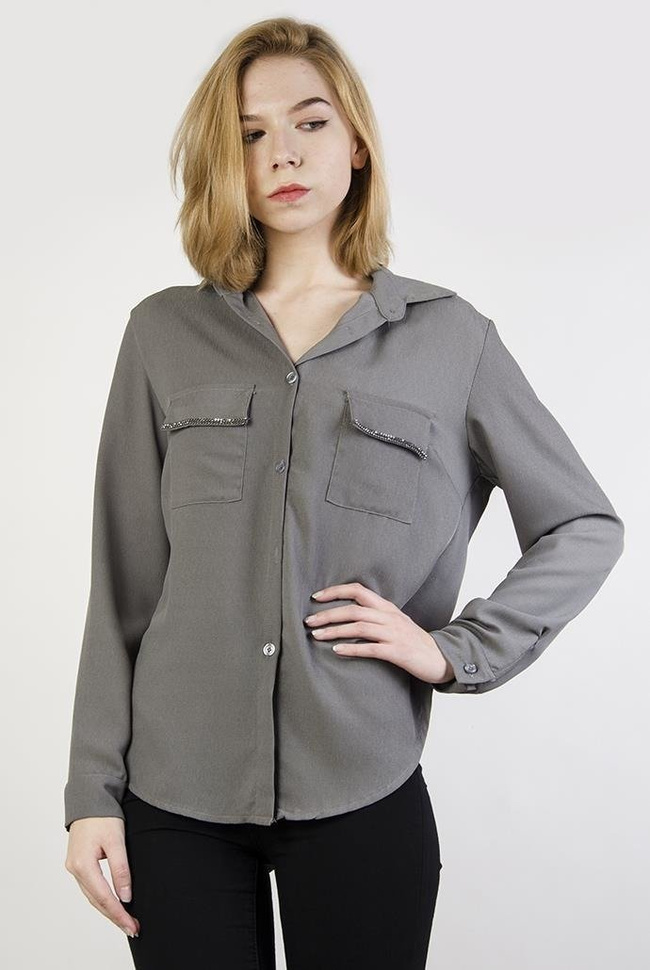 Szara koszula z cyrkoniami przy kieszonce