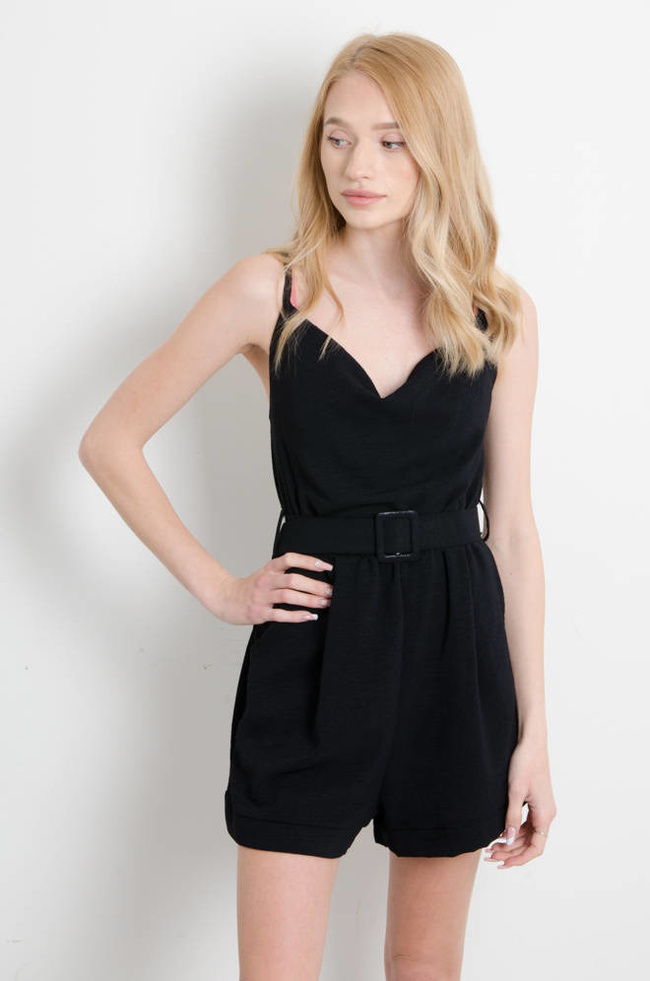 KOMBINEZON NA CIENKICH RAMIĄCZKACH Z PASKIEM- CZARNY