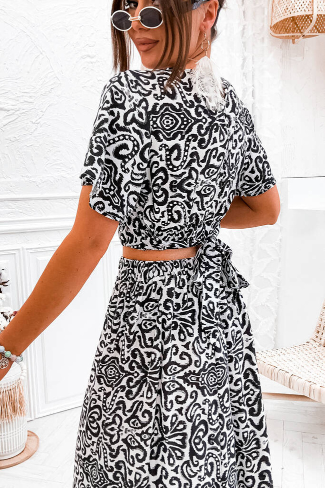 WZORZYSTY KOMPLET SPÓDNICA MAXI+WIĄZANY TOP- CZARNY