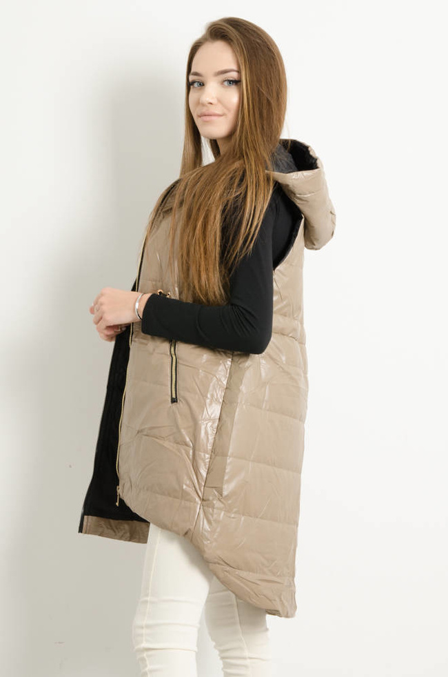 KAMIZELKA ASYMETRYCZNA Z KAPTUREM ŚCIĄGANA W PASIE- BEŻOWA