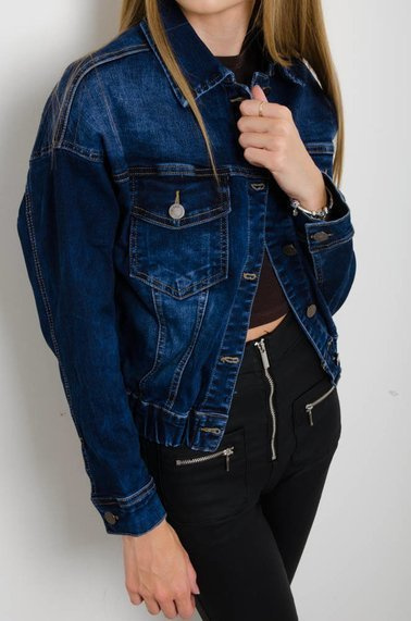 GRANATOWA KURTKA JEANSOWA BOMBERKA ZE ŚCIĄGACZEM