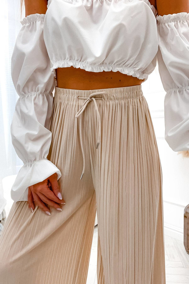 BEŻOWE SPODNIE Z SZEROKIMI PLISOWANYMI NOGAWKAMI-WYSOKI STAN