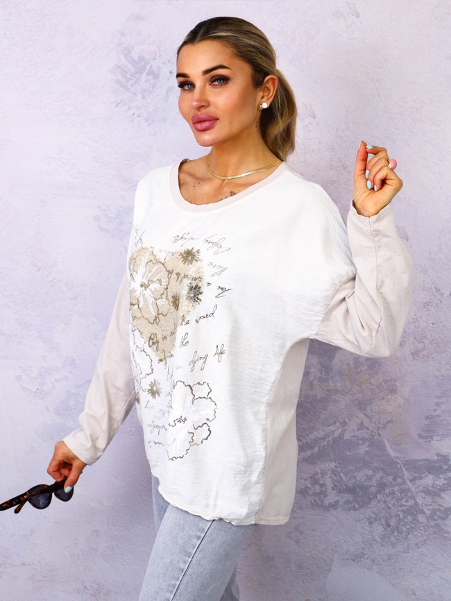BLUZKA Z APLIKACJĄ I OZDOBNYMI CEKINAMI- BIAŁA