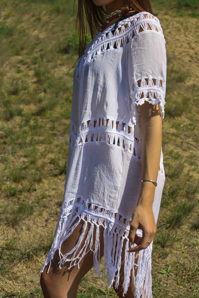 TUNIKA AŻUROWA Z FRĘDZLAMI - BIAŁA