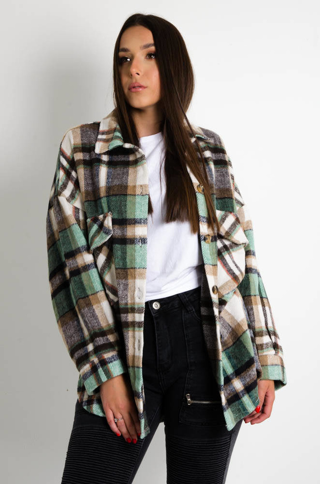 KURTKA KOSZULOWA W KRATĘ -ZIELONA